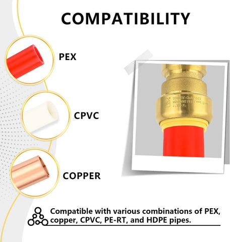 Pack Of 30 Three Quarter Inch Push Fit Slip Tee Fittings With Disconnect Clip For PEX Copper CPVC Pipes compatibility chart