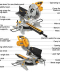 Front view of 10-Inch Sliding Compound Miter Saw With Laser Guide, 15 Amp Bevel Chop Saw For Wood And Metal, showing components.
