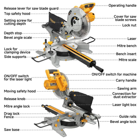 Front view of 10-Inch Sliding Compound Miter Saw With Laser Guide, 15 Amp Bevel Chop Saw For Wood And Metal, showing components.