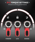 Image showing torque settings of 4V Cordless Screwdriver Kit With 44 Accessories, 5.65Nm Torque, 200 RPM, illustrating forward, lock, reverse modes.