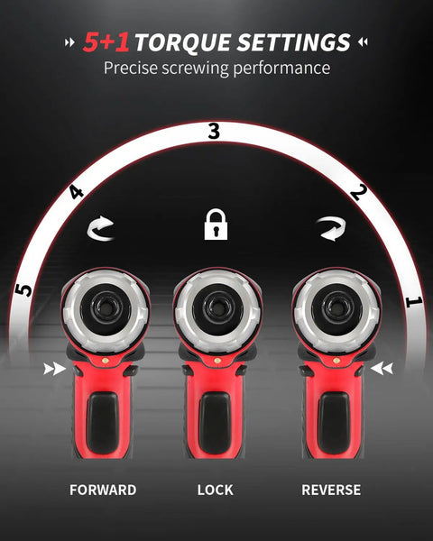 Image showing torque settings of 4V Cordless Screwdriver Kit With 44 Accessories, 5.65Nm Torque, 200 RPM, illustrating forward, lock, reverse modes.