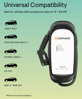 Plug And Play EV Charger Featuring A 25 Foot Braided Wire And Tough J1772 Connector displayed with EV models and specs.
