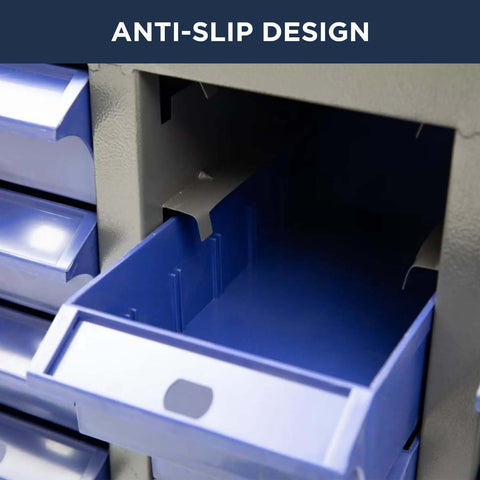Close-up of 100 Drawer Tool Storage Cabinet For Bolt And Nut Organization with Pro Grade Durable ABS Drawers, showing open drawer.