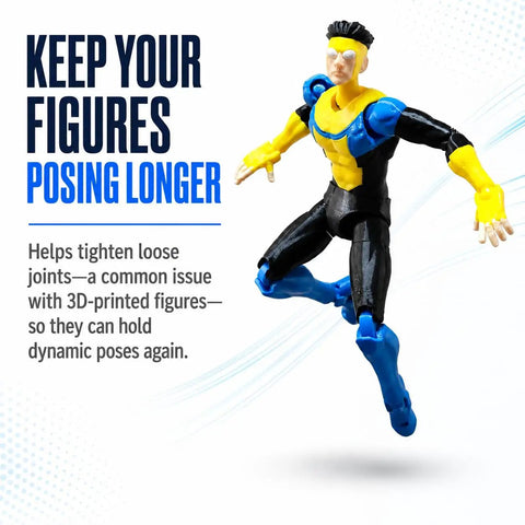 Action Figure Joint Reinforcement Glue Pen restores pose stability on a dynamic 3D-printed figure mid-pose.