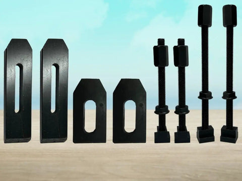 Black steel clamps and bolts from 24 Piece Clamp Kit Set M6 6mm for Rotary Tables Milling Tables Face Plates and Vertical Slides