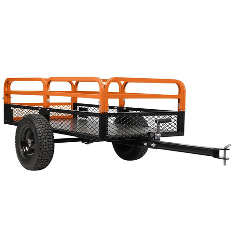 Beastly Heavy Duty Dump Cart For ATVs And Lawn Tractors With 1500 Pound Capacity, orange removable sides, all-terrain tires.