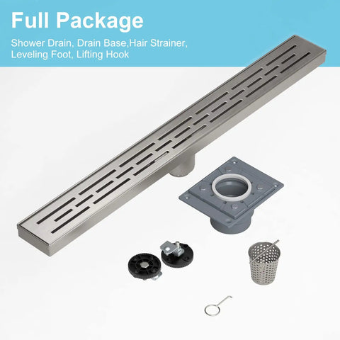 28 Inch Linear Shower Drain With Base, cUPC Certified 304 Stainless Steel, Brushed Nickel Finish, Hair Strainer, Full Package View