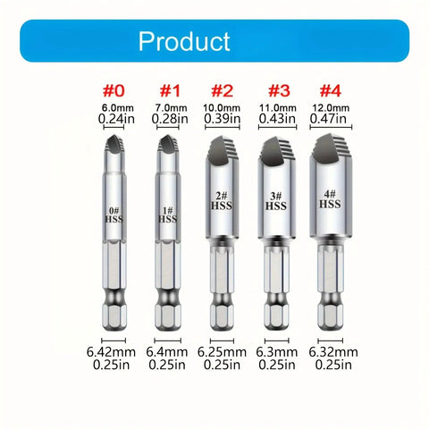 Five Piece Screw Extractor Set For Stripped And Damaged Screws And Bolts, Your Go To Easy Out Kit For DIY Home Repairs, various sizes shown