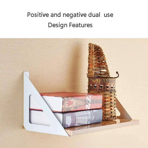 Super Heavy Duty Wrought Iron Shelf Brackets Corner Wall Mounts with books and decorative basket on wall shelf.