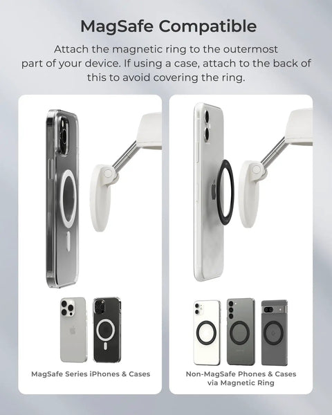 MagSafe compatible Grab And Go Travel Magnetic Airplane Phone Holder with 360 degree swivel head and ring adapter for iPhone and Android.