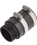 Inline check valve, black plastic body with two metal hose clamps.