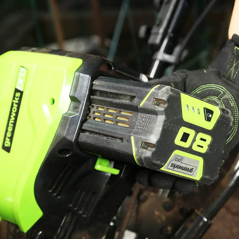 Close-up of 80V Cordless Cultivator With 10 Inch Tilling Width And 5 Inch Tilling Depth Includes 2Ah Battery And Charger Beefed-Up Brushless Motor For More Torque And Quieter Run Up To 40 Minutes Runtime TL80L210 Black And Green