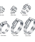 All In One Heavy Duty Stainless Steel Hose Clamp Kit With 24 Adjustable Worm Gear Clamps One Quarter Inch To Three Inches 6 To 76mm Ideal For Fuel Lines Garden Hoses Plumbing And Automotive Repairs, showing six sizes of clamps from 6mm to 76mm