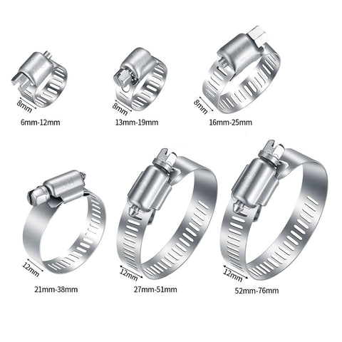 All In One Heavy Duty Stainless Steel Hose Clamp Kit With 24 Adjustable Worm Gear Clamps One Quarter Inch To Three Inches 6 To 76mm Ideal For Fuel Lines Garden Hoses Plumbing And Automotive Repairs, showing six sizes of clamps from 6mm to 76mm
