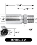 Side view of chrome-plated 1/2 in NPTF male hydraulic hose end crimp fitting, 12-pack