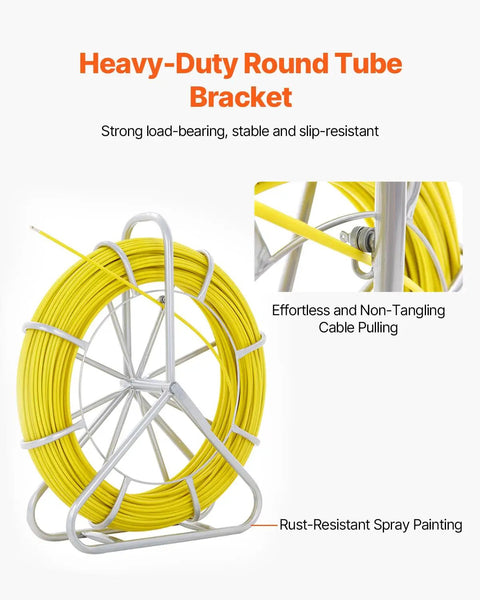 Fiberglass Fish Tape One Quarter Inch By 425 Feet Heavy Duty Duct Rodder Wire Puller on steel reel stand, yellow cable.