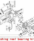 Exploded view diagram of a fishing reel with Three Piece Fishing Reel Bearing Kit For Shimano Ultegra 3000 4000 5000 Models.