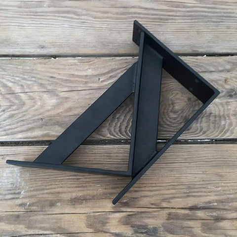 Rock Solid Floating Shelf Brackets Heavy Duty Tripod Wall Supports shown from side, black iron material, designed for sturdy shelf installation.