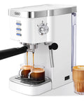 White espresso machine with two espresso cups and a latte shown, stainless steel finish with control knob, side view.