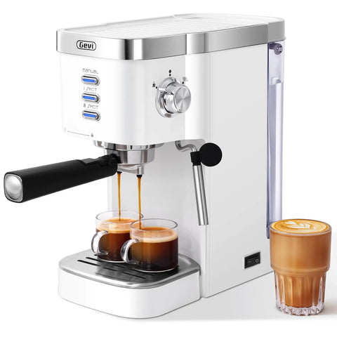 White espresso machine with two espresso cups and a latte shown, stainless steel finish with control knob, side view.