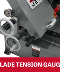 Blade tension gauge detail on Badass 10 X 18 Inch Metal Cutting Dual Miter Horizontal Band Saw Featuring 2Hp 230V One Phase Motor.