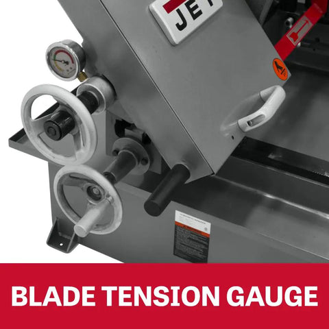 Blade tension gauge detail on Badass 10 X 18 Inch Metal Cutting Dual Miter Horizontal Band Saw Featuring 2Hp 230V One Phase Motor.