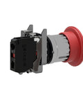 Side view of Schneider Electric emergency stop push button switch with red head, gray housing, 22mm mounting, 1NC