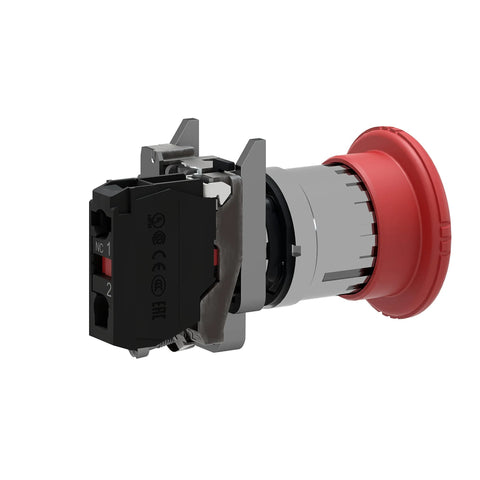 Side view of Schneider Electric emergency stop push button switch with red head, gray housing, 22mm mounting, 1NC