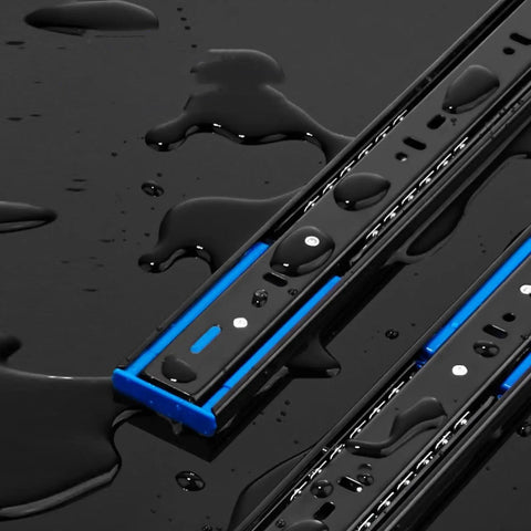 One Pair Full Extension Drawer Slides Rails 10 12 14 16 18 20 22 Inch Soft Close, 100 Lb Load Capacity, black and blue detail