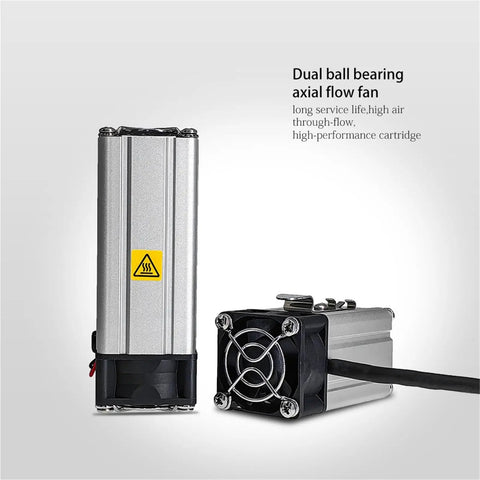 Rugged Aluminum Alloy DC 24 Volt Industrial Air Fan Heater For Cabinet With Quick Kickin Heat And Silky Smooth Operation For Gritty Shops Or Tight Panel Builds, showing dual ball bearing axial flow fan.