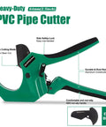 Heavy-Duty Dark Green PVC Pipe Cutter showing V-Shape blade and non-slip handles with extra blade, 64mm cutting capacity for ratchet PVC pipe cutter