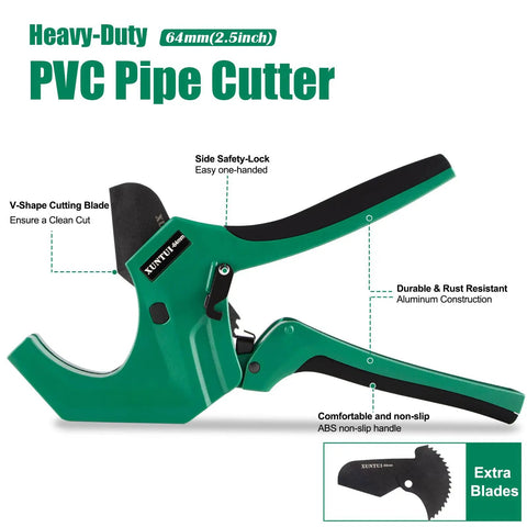 Heavy-Duty Dark Green PVC Pipe Cutter showing V-Shape blade and non-slip handles with extra blade, 64mm cutting capacity for ratchet PVC pipe cutter