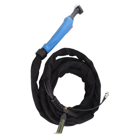 Flexible 4m Welding Torch With Ergonomic Grip And Smooth Surface Easy Install High Temp Ready Versatile Metal Welding Tool For Home Shop And Pro Use Gear, coiled view with blue handle.