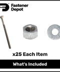 Five Eighth Inch Carriage Bolt Kit For Exterior Use, Hot Dipped Galvanized, includes bolt, hex nut, and washer