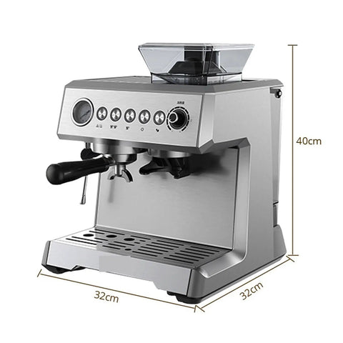 New Espresso Coffee Machine With Built In Grinder 20 Bar Pump Steam Milk Frother Semi Automatic Home Coffee Maker in silver