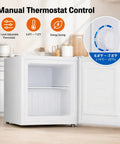 Compact 1.1 Cu Ft Upright Mini Freezer In Bright White For Dorms Small Apartments And Garages, featuring manual thermostat control.
