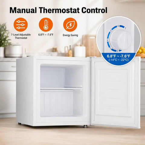 Compact 1.1 Cu Ft Upright Mini Freezer In Bright White For Dorms Small Apartments And Garages, featuring manual thermostat control.