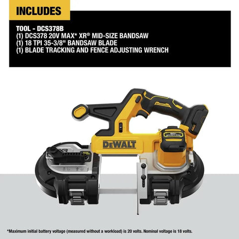 Cordless 20V Max XR Bandsaw With Brushless Motor Portable Bare Tool Only 3-3/8 Inch Cut Capacity Tool Connect Ready.