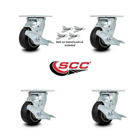 Heavy Duty Stainless Steel Swivel Casters Set Of 4 With 4 Inch Rubber On Aluminum Wheels Packed With Ball Bearings And Top Lock Brakes.