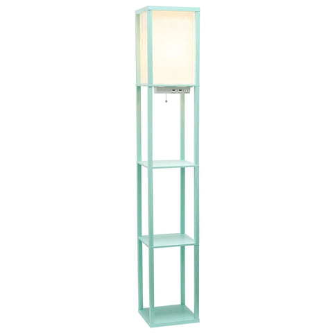 Aqua Floor Lamp Etagere Organizer With Three Shelves And Linen Shade Built In USB Ports And Outlet Under Shade For Easy Device Charging Space Saving Dope Modern Lighting For Living Room Or Bedroom Pull Chain Switch