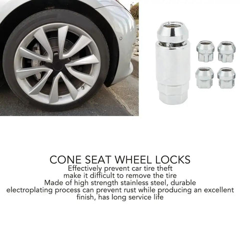 Anu Stainless Steel Cone Seat Wheel Locks For Tesla Model 3 Y S X, Secure M14 X 1.5 Anti Theft Lug Nuts Kit, Durable Silver 5 Pc Set