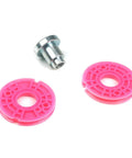 Built Tough Window Regulator Repair Cord Kit featuring double roller pulleys and clamps, includes two pink pulleys and a metal clamp.