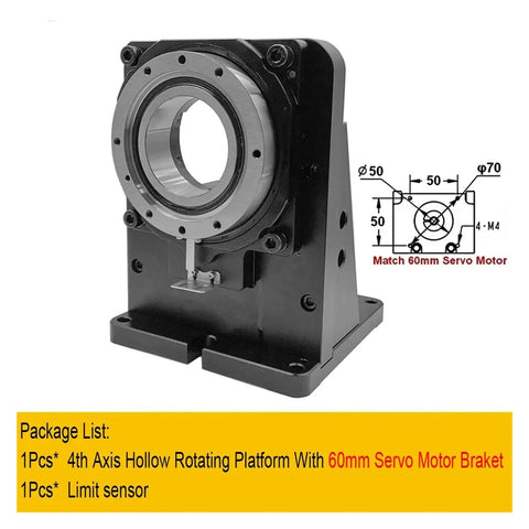 Four Axis Cnc Electric Hollow Rotary Table With Slick Angle Dial And Dead On Accuracy For Heavy Duty Milling Cutting And Visual Inspection 400W Pulse Servo Kit 18 To 1 Gear Ratio showcasing precision rotary platform with 60mm motor bracket.