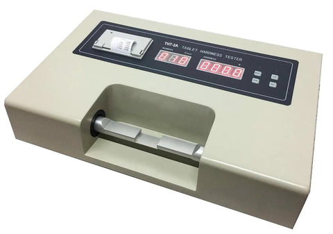 Tablet Hardness Tester With Printer Auto Load LED Readout 2 to 500 Newtons Hardness Range 20 Second Test Cycle Probe Travel 3 to 40 mm 100 Piece Batch Capacity A Real Workhorse for High Volume Tablet Testing. beige benchtop unit with LED display and printer