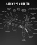 Diagram of Super V 23 In 1 Bike Multi Tool For Road And Trail Repair With 23 Functions Including Hex Keys Torx Chain Breaker.