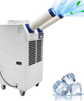 Built Tough Portable Air Conditioner With Bulky 14L Tank And Easy Roll Caster Wheels For Heavy Duty Spot Cooling In Warehouses Workshops And Clinics 110V 1800W Mobile Cooler Rig with dual exhaust vents.