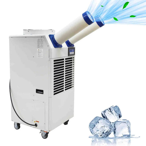 Built Tough Portable Air Conditioner With Bulky 14L Tank And Easy Roll Caster Wheels For Heavy Duty Spot Cooling In Warehouses Workshops And Clinics 110V 1800W Mobile Cooler Rig with dual exhaust vents.