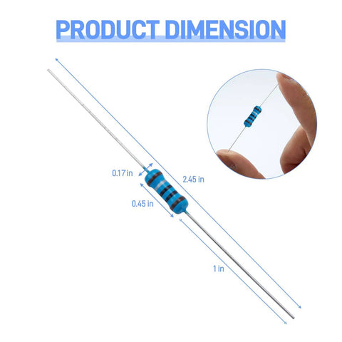One Watt Metal Film Resistor Kit With Forty Distinct Values And Four Hundred Pieces From One Ohm To One Megohm Plus One Percent Tolerance shown in detail with dimensions.