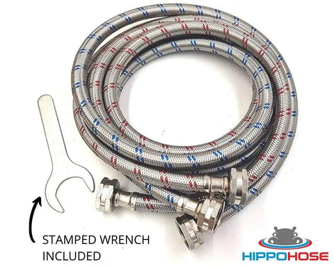 Eight Foot Braided Stainless Steel Washing Machine Hoses, Burst Proof Up To 1500 Psi, Two Pack, Color Coded Hot And Cold Lines with Wrench