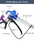 Professional Grade Airless Paint Sprayer Delivering Badass 3600 Psi Output Through A Reversible 517 Nozzle, detailed view of spray gun frame components.